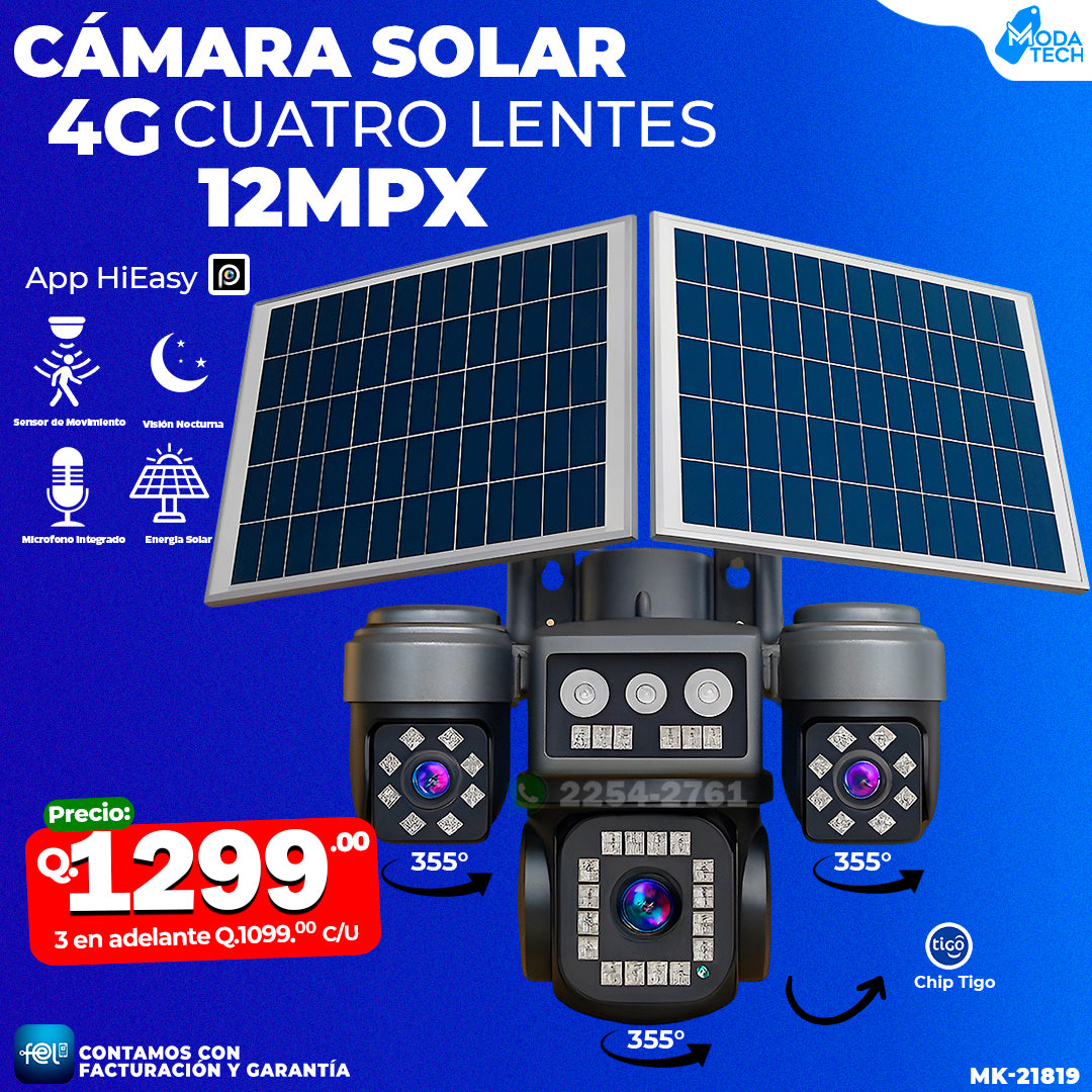 Cámara Solar Cuatro Lentes con chip 4G de 12 megapixeles 🌞🔋