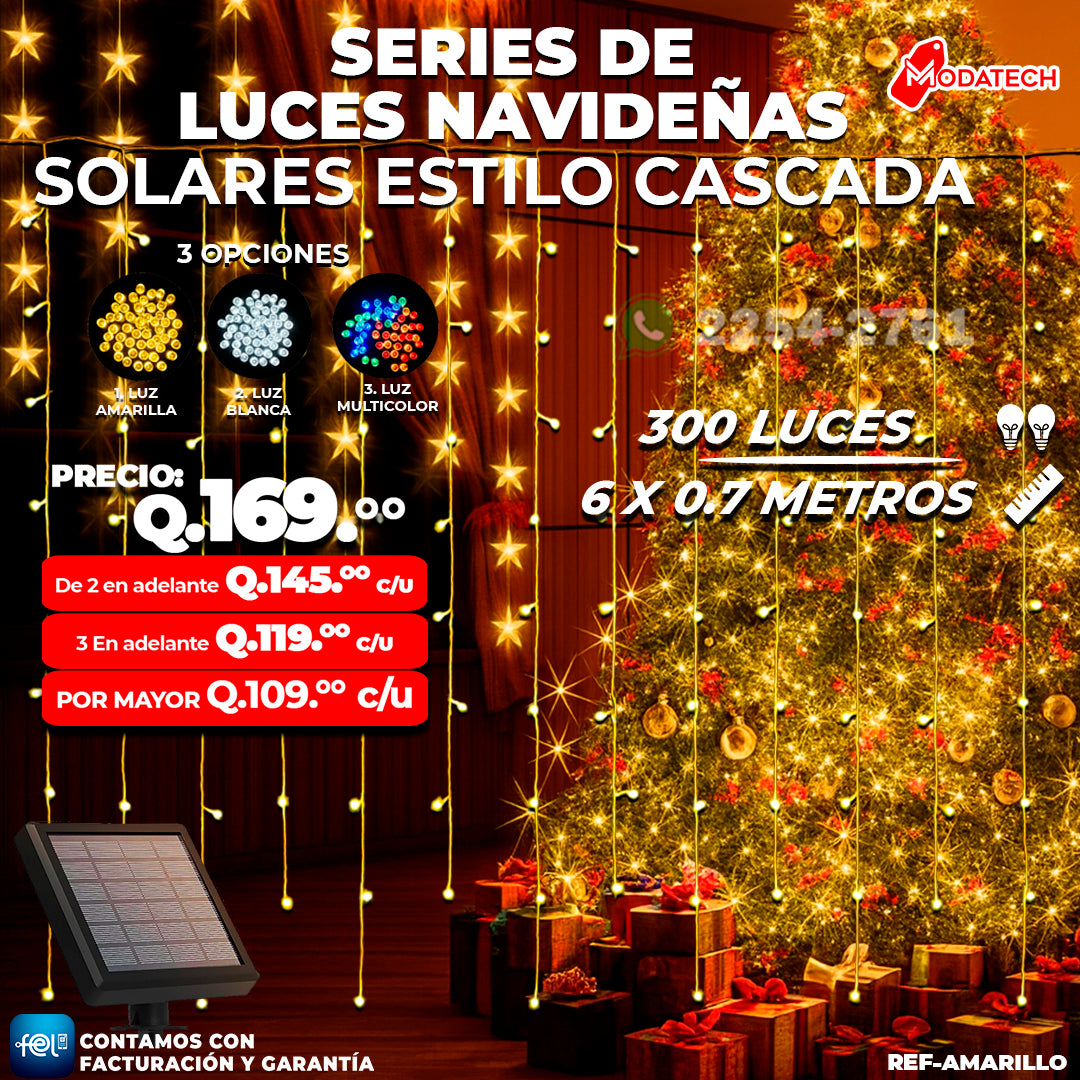 Luces Navideñas Solares 300 Luces color Amarillo estilo Cascada
