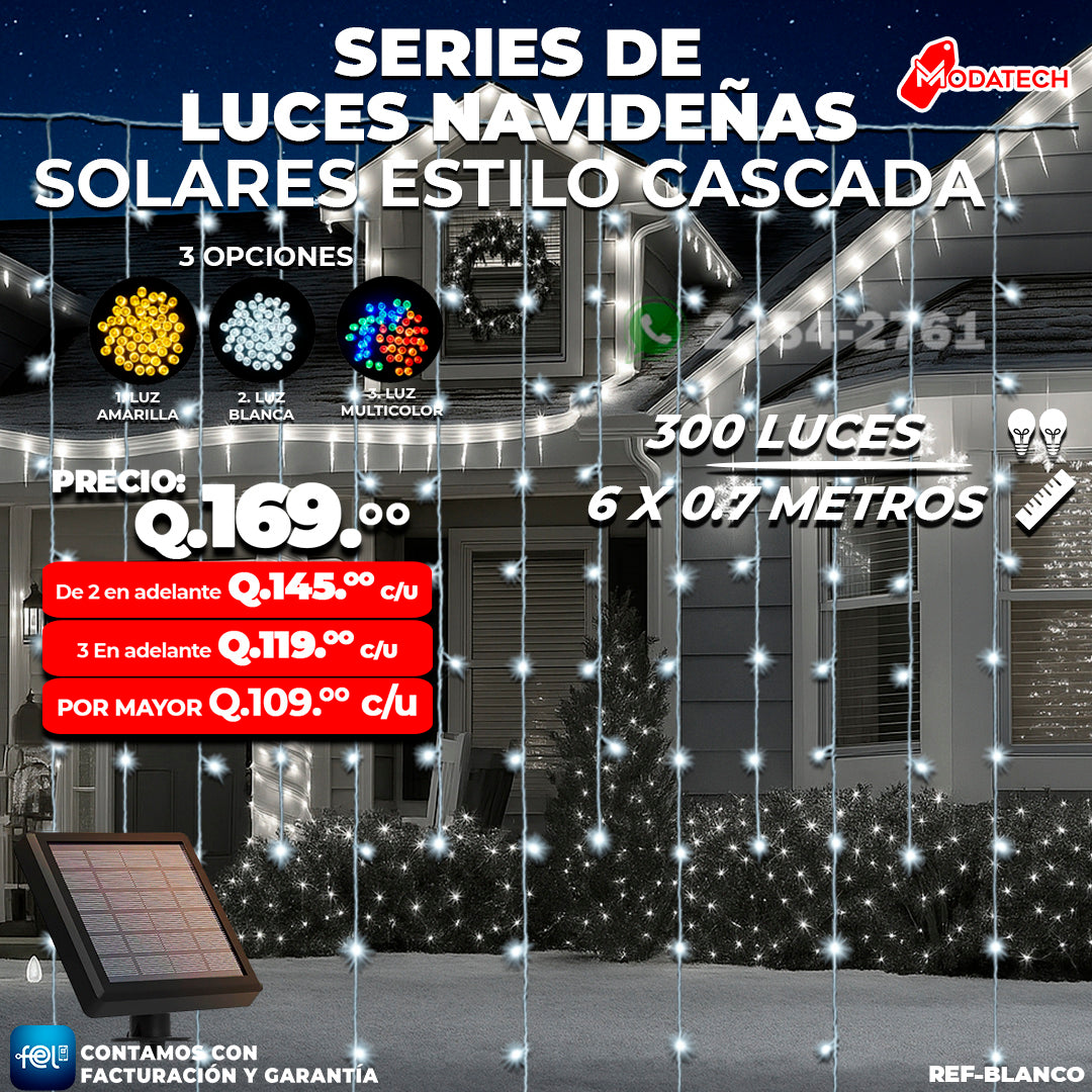 Luces Navideñas Solares 300 Luces color Blanco estilo Cascada