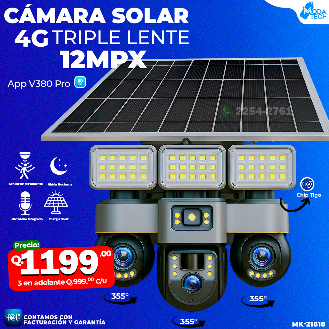 Cámara Solar Triple Lente con chip 4G de 12 megapixeles 🌞🔋