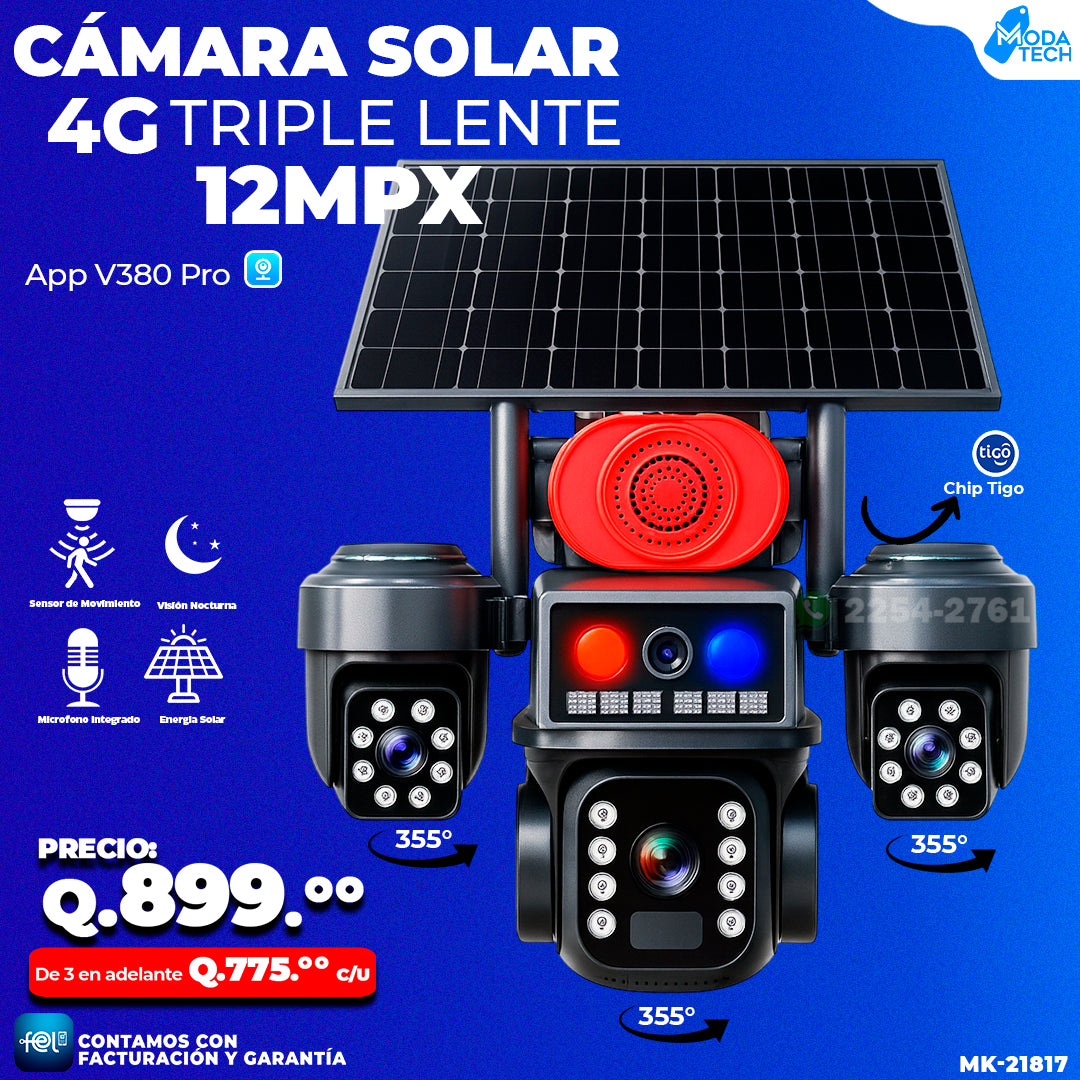 Cámara Solar Triple Lente 4G de 12 megapixeles 🌞🔋