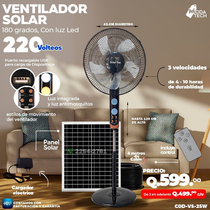 Ventilador Solar 180 Grados, Con luz Led 🌬️