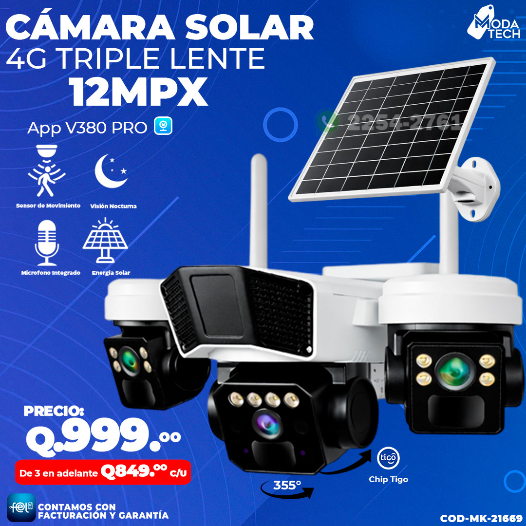 Cámara Solar Triple Lente 12MPX 4G ☀️