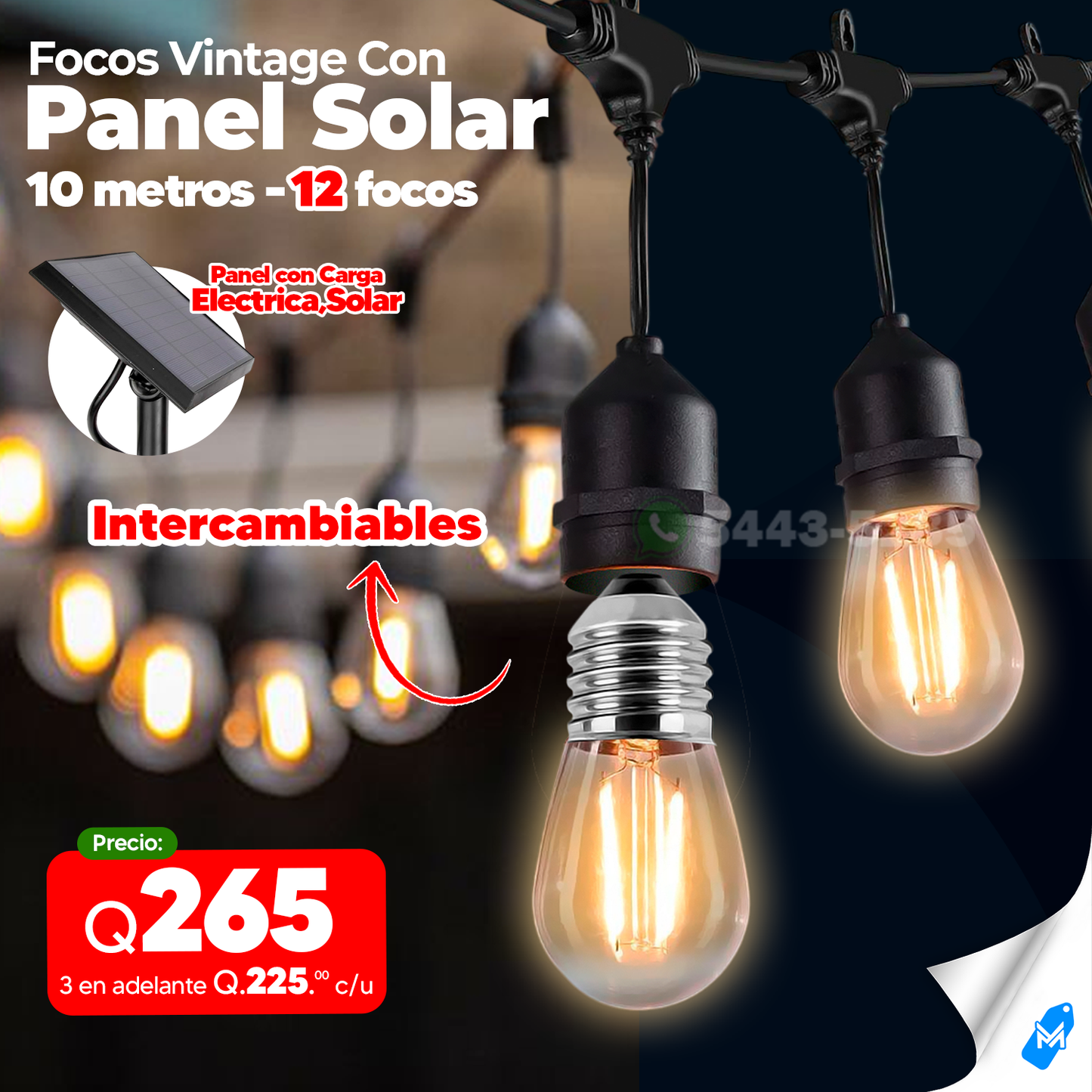 Focos Vintage Solares Intercambiables 12 Focos Y 10 Metros
