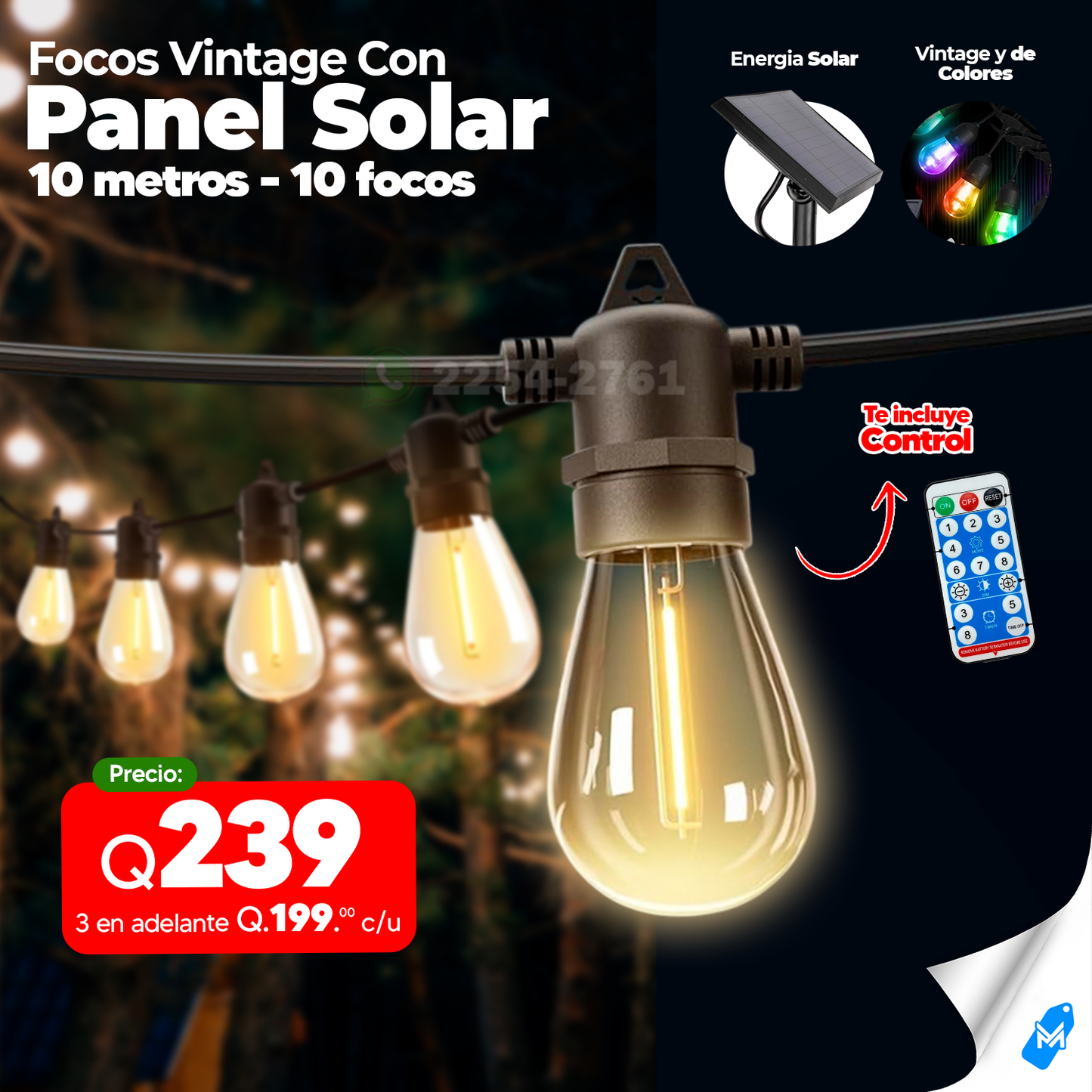 Focos Vintage Solares 10 Focos Y 10 Metros De Doble Funcion