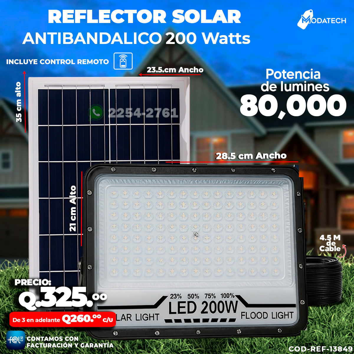 Reflector Industrial Solar Antibandálico de 200 Watts 🏗️⏳