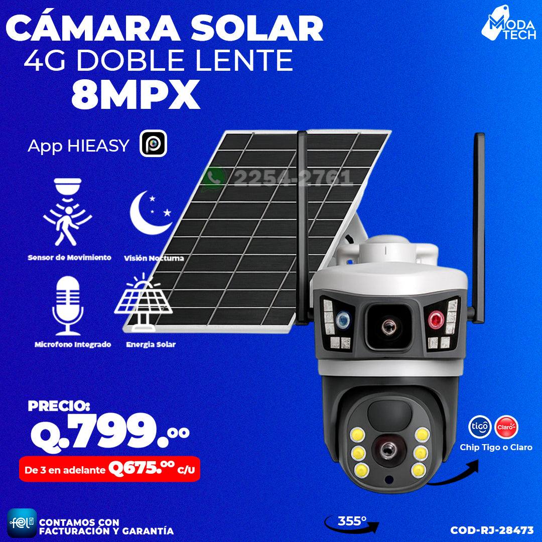 Cámara Solar Doble Lente con chip 4G de 8 megapixeles 🌞🔋
