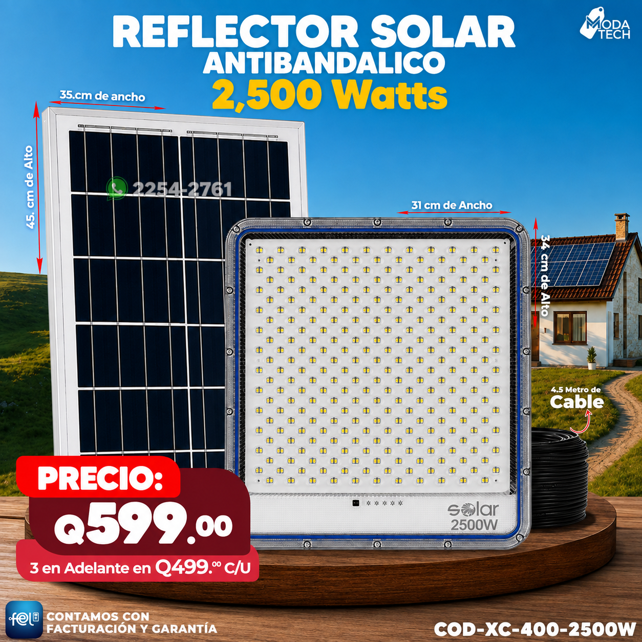 Reflector Solar Antivandálico de 2,500W 🔆🔆