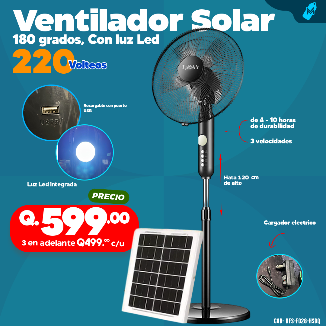 Ventilador Solar Portatil 180 Grados, Con luz Led