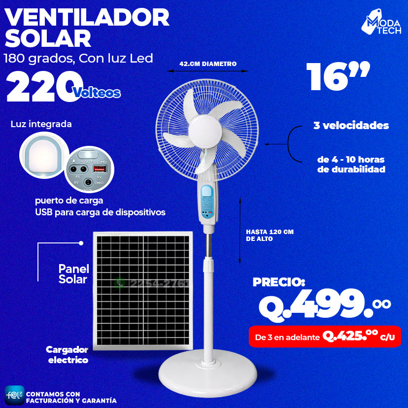 Ventilador Solar 180 Grados, Con luz Led de 16´ 🌤️