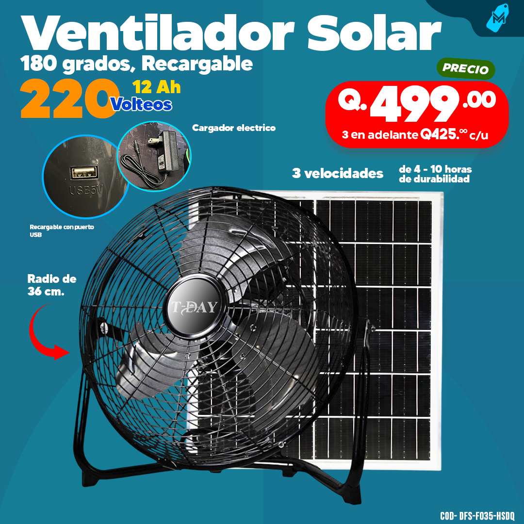 Ventilador Con Panel Solar y Recargable de 220 volteos