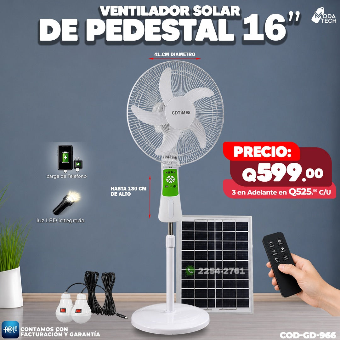 🌞 Ventilador Solar de Pedestal 16" GDTIMES con Panel Solar, Control Remoto, Luz LED y Carga USB