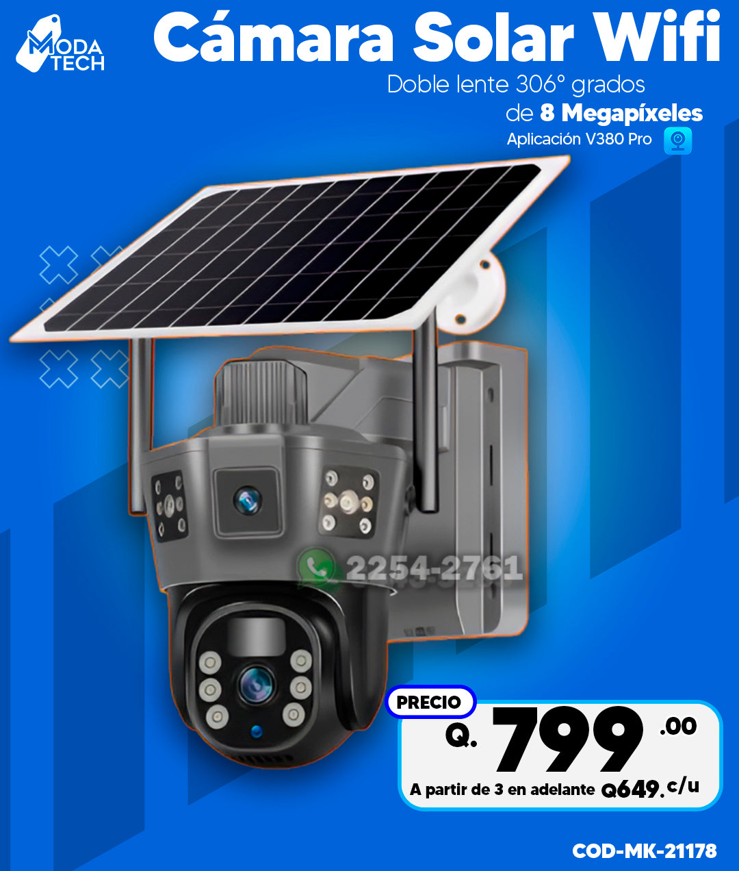 Cámara Solar Wifi Doble lente 8 MPX con luz led