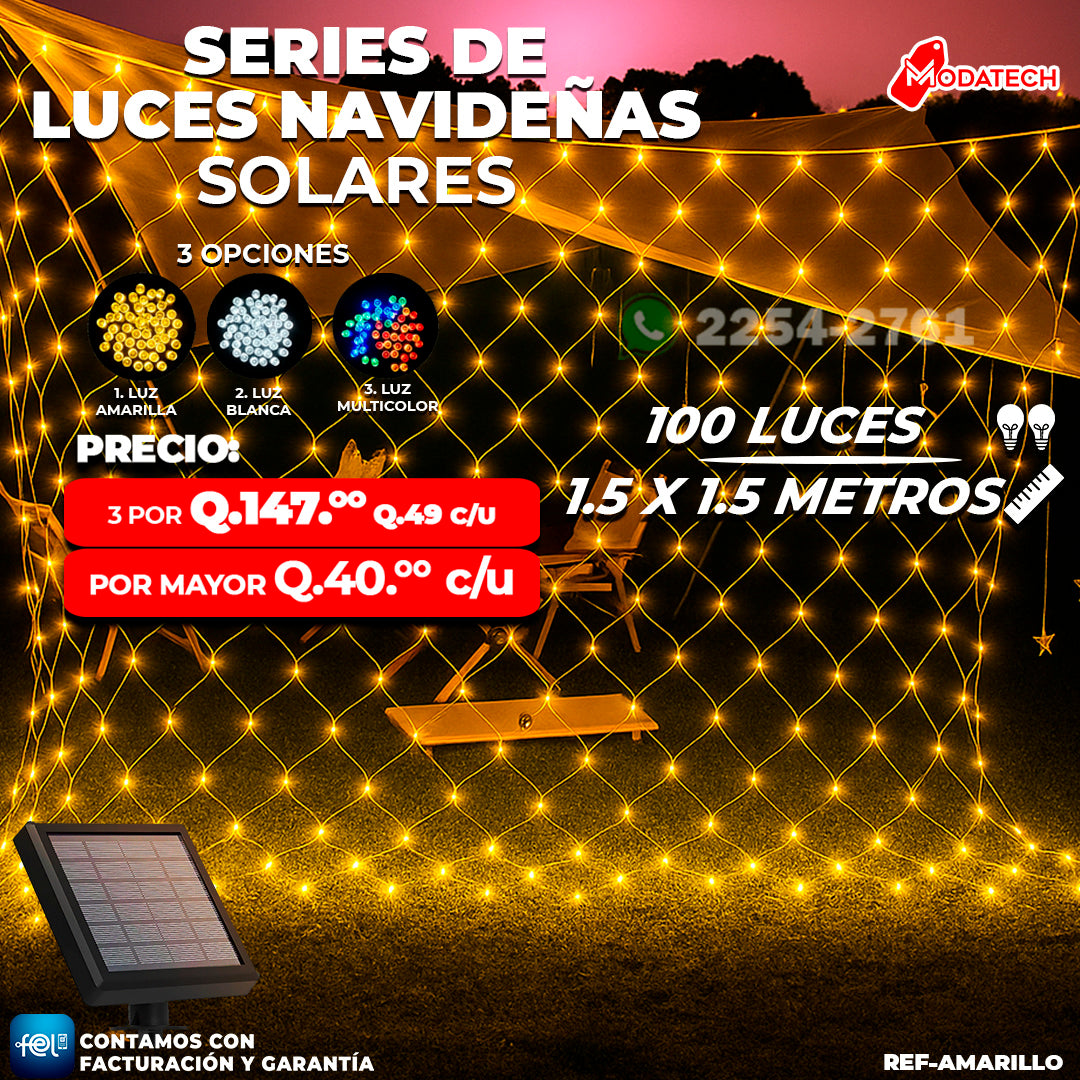 Luces Navideñas Solares 100 Luces color Amarillo estilo Malla