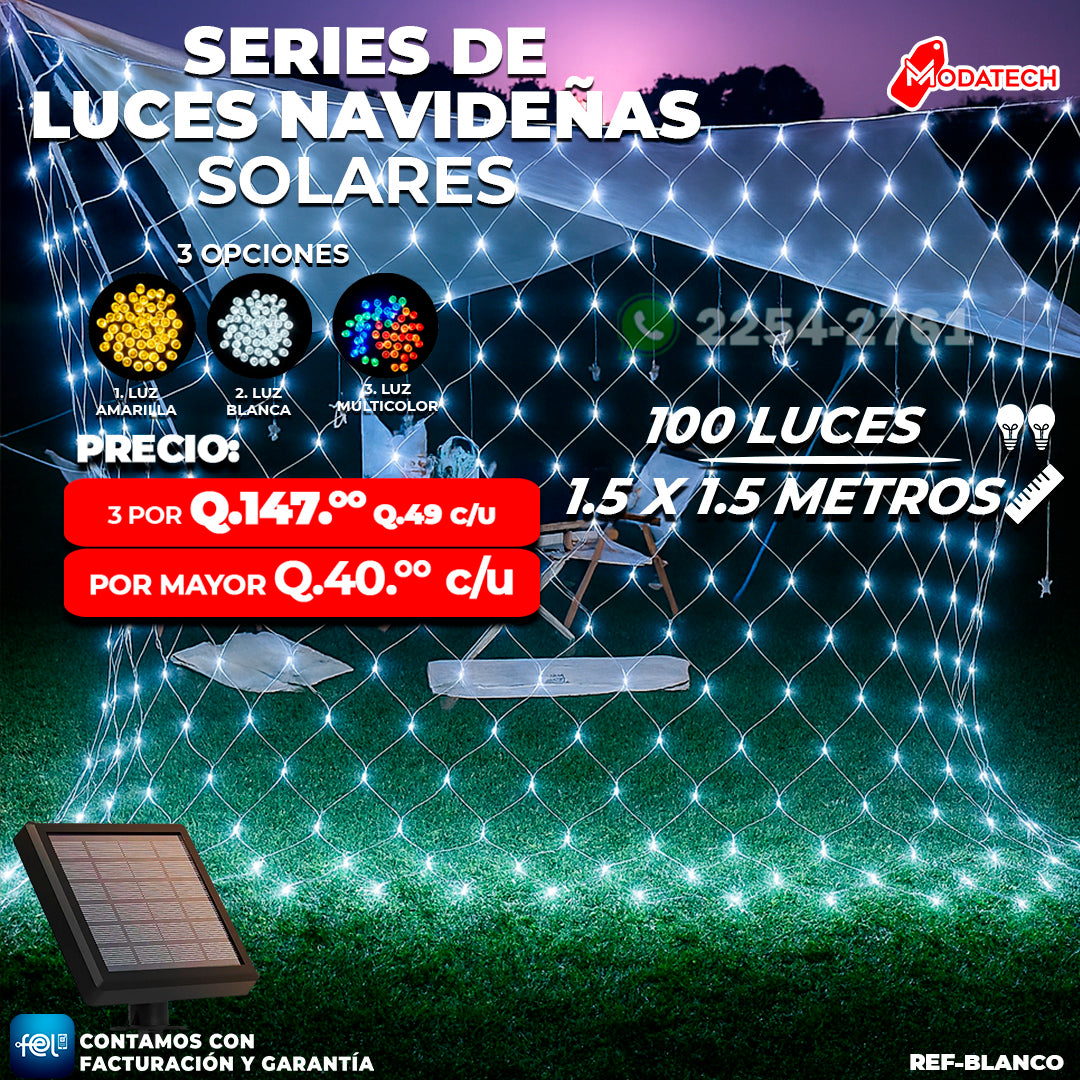 Luces Navideñas Solares 100 Luces color Blanco estilo Malla