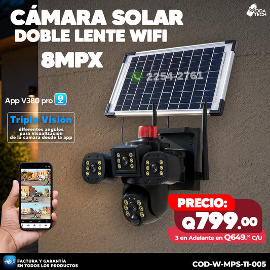 Cámara Solar WiFi Doble Lente 8MPX – Triple Visión 🌞🔋