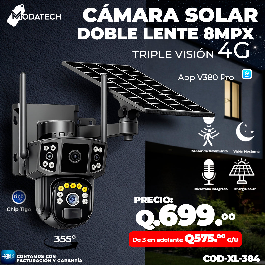Cámara Solar Doble Lente con chip 4G de 8 megapixeles 🌞