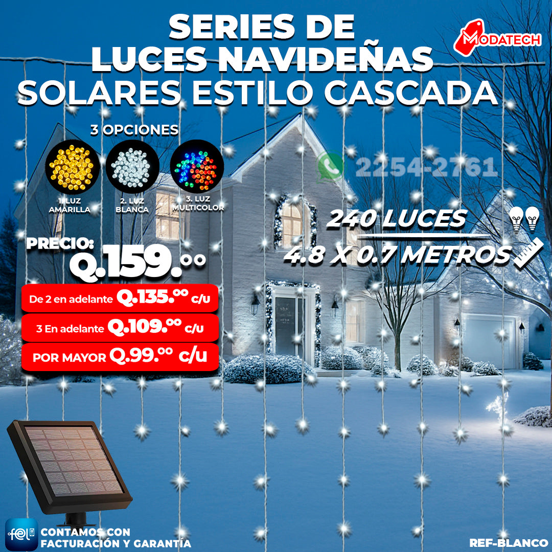 Luces Navideñas Solares 240 Luces color Blanco estilo Cascada
