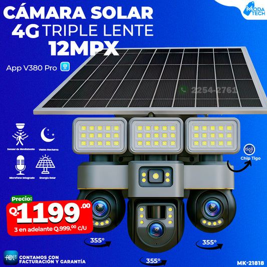 Cámara Solar Triple Lente con chip 4G de 12 megapixeles 🌞🔋