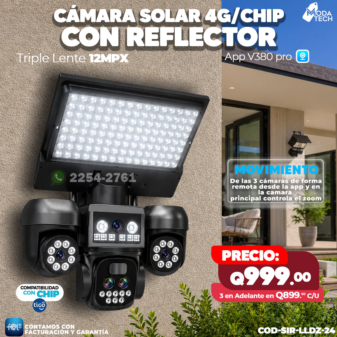 Cámara Solar 4G/Chip con Reflector – Triple Lente 12MPX 📷🔆