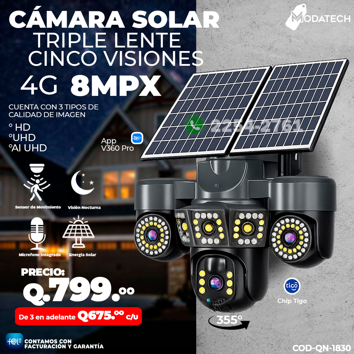 Cámara Solar Triple Lente con chip 4G de 8 megapixeles 🌞🔋