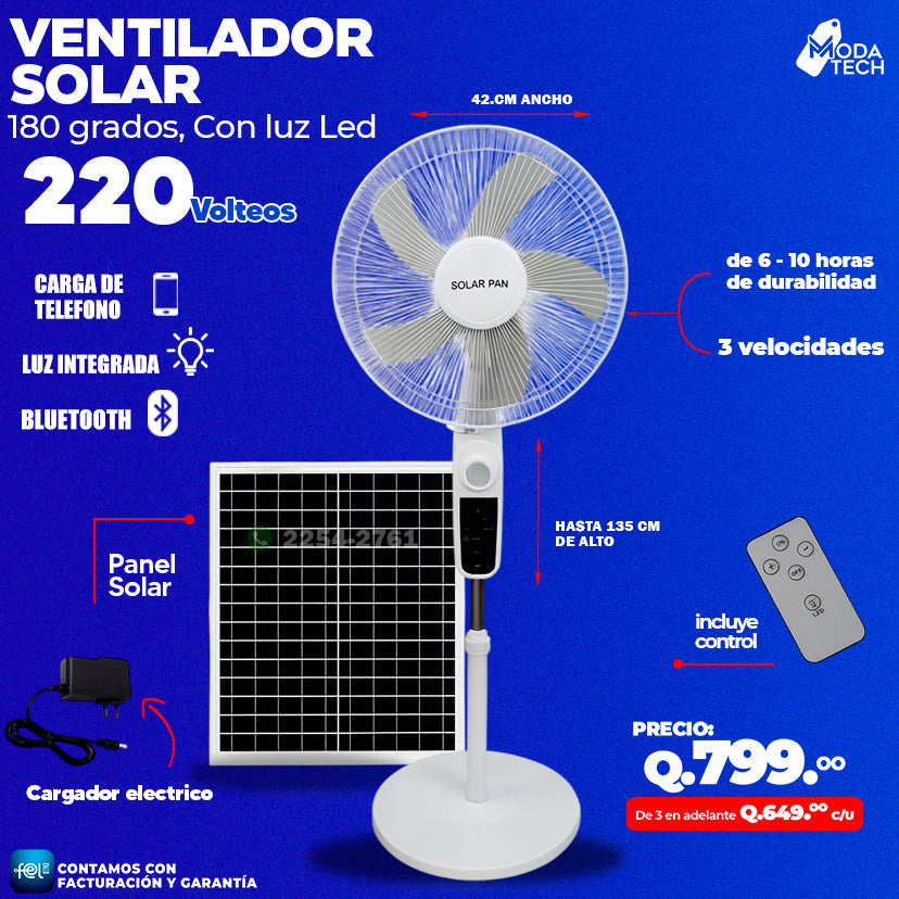 Ventilador Solar Portatil 180 Grados, Con luz Led 220 Volteos