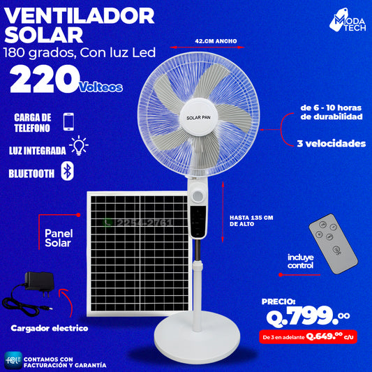 Ventilador Solar Portatil 180 Grados, Con luz Led 220 Volteos