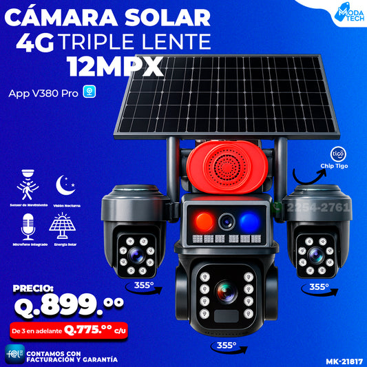 Cámara Solar Triple Lente 4G de 12 megapixeles 🌞🔋