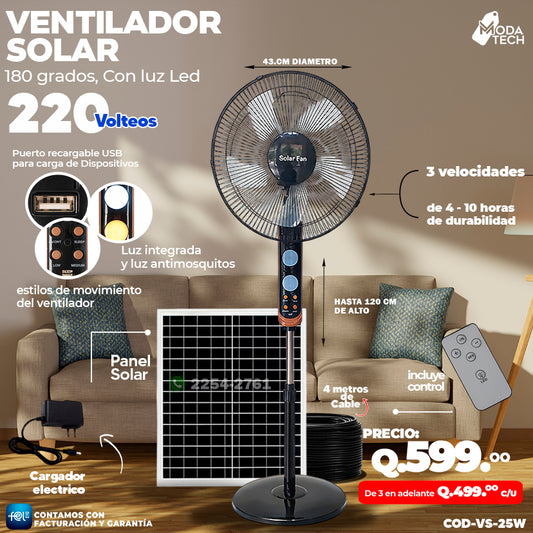 Ventilador Solar 180 Grados, Con luz Led 🌬️