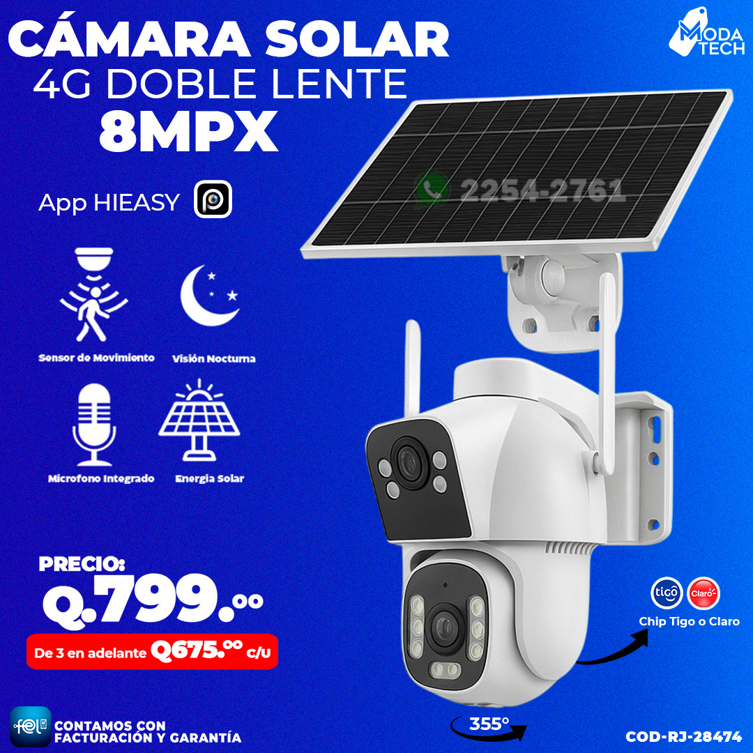 Cámara Solar Doble Lente con chip 4G de 8 megapixeles 🌞🔋