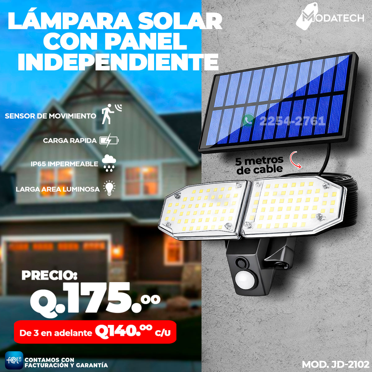 Lámpara Solar con Panel Independiente de 5 metros de Cable 🌞