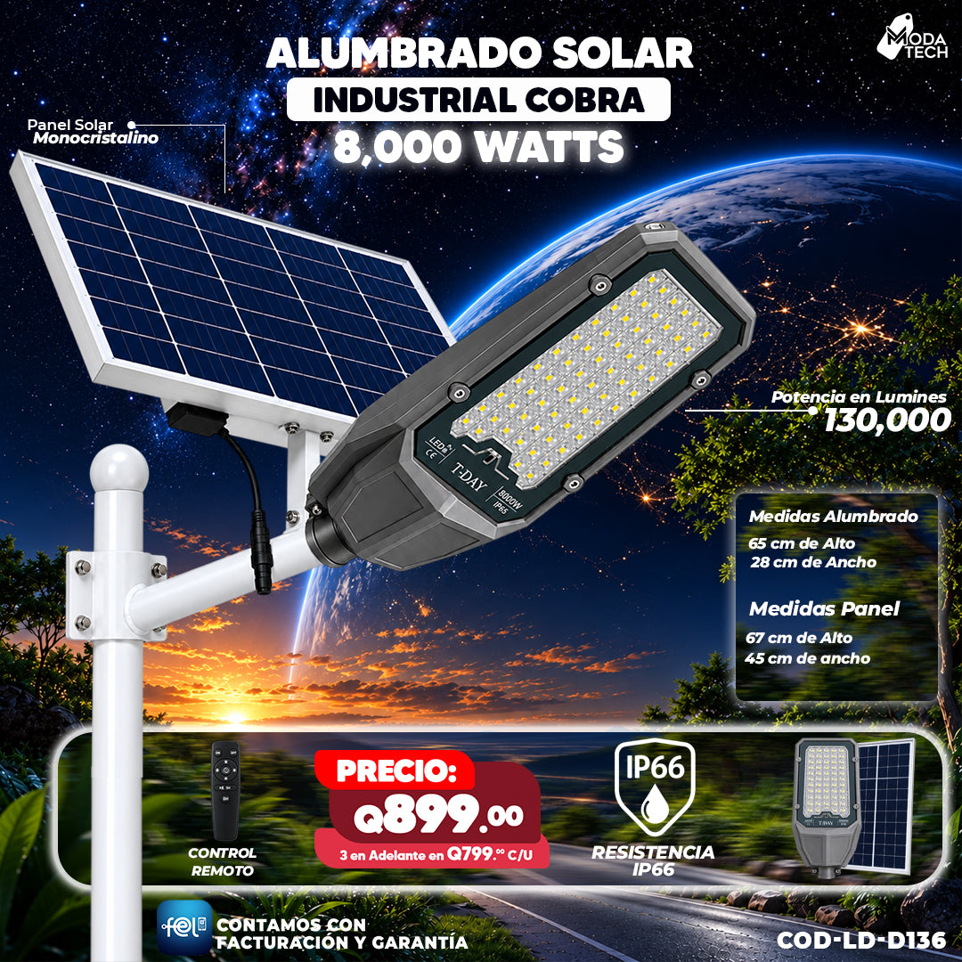 ☀️💡 Alumbrado Solar Industrial Cobra 8,000W | 130,000 Lúmenes 🔆