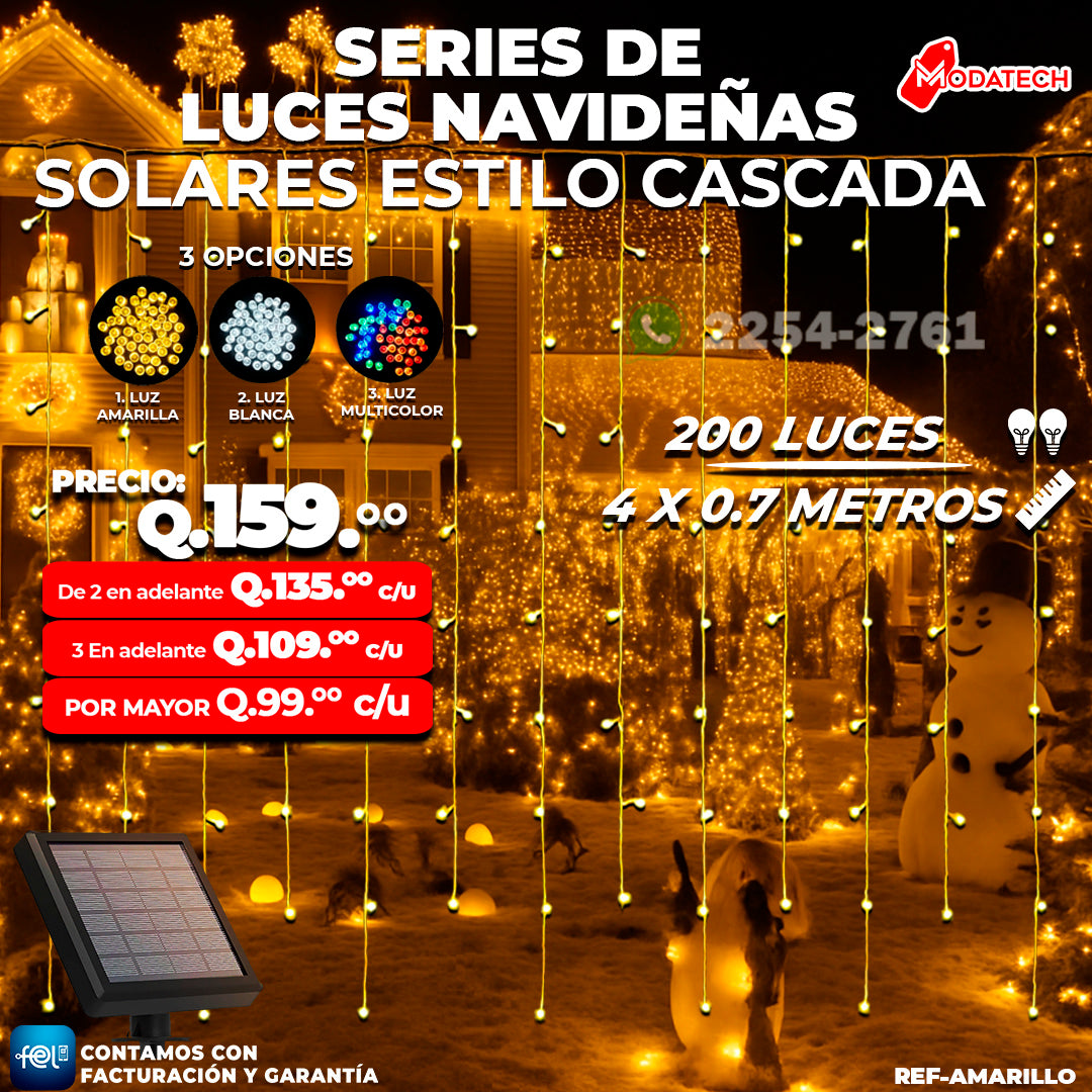 Luces Navideñas Solares 200 Luces color Amarillo estilo Cascada