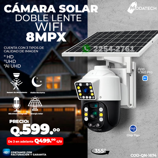 Cámara Solar Doble Lente Wifi de 8 MPX 🔄💾