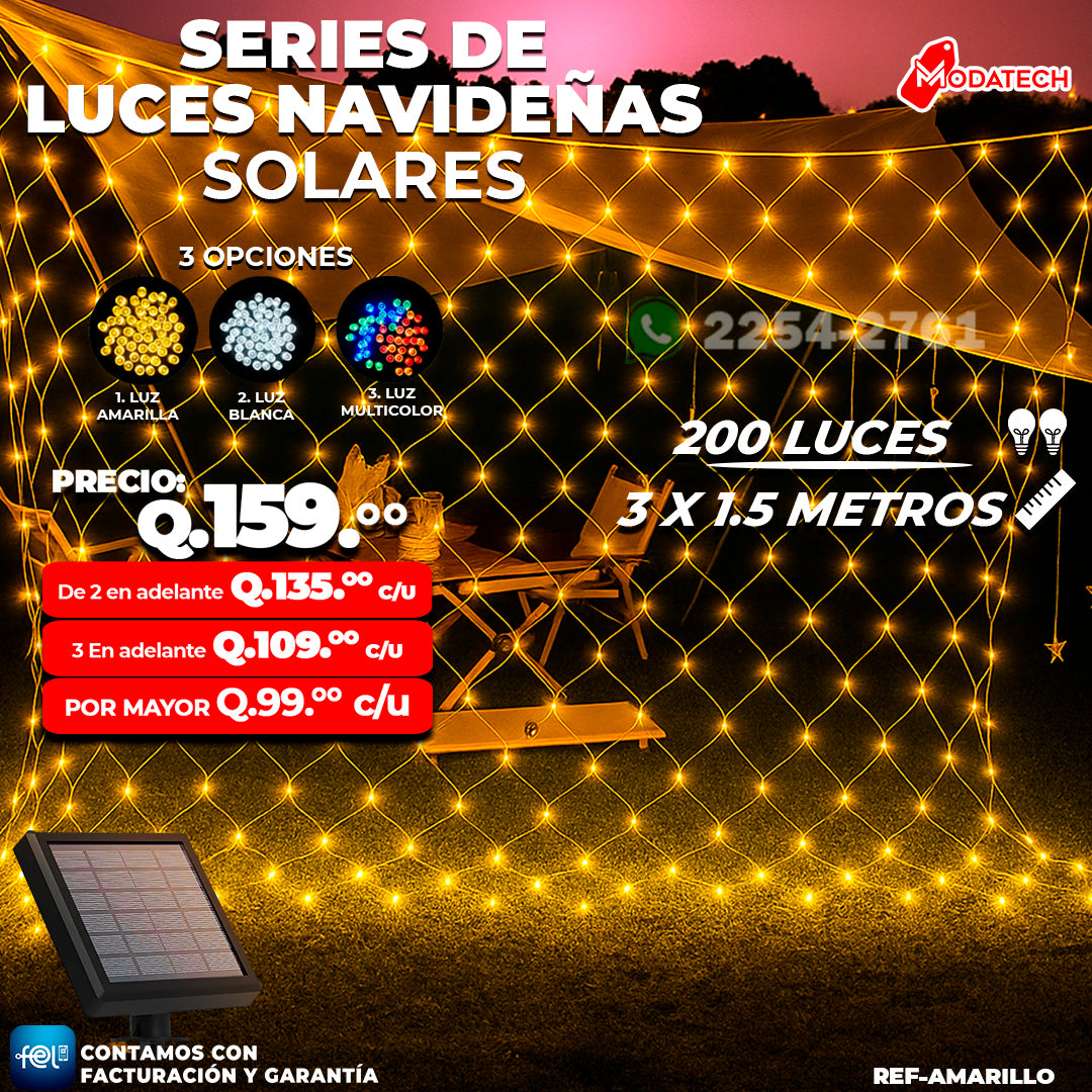 Luces Navideñas Solares 200 Luces color Amarillo estilo Malla