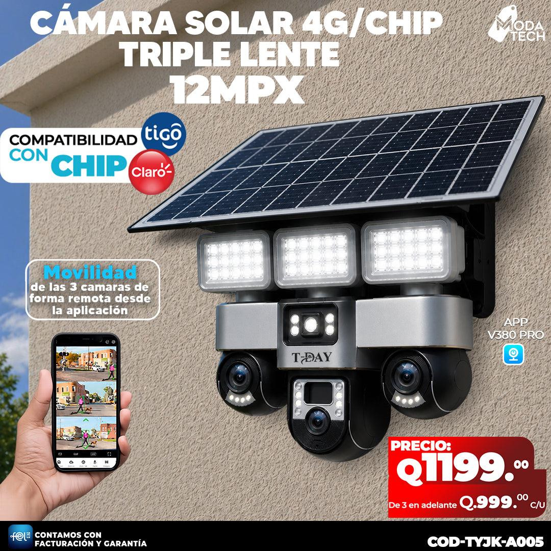 Cámara Solar Triple Lente con chip 4G de 12 megapixeles 🌞🔋🌧️