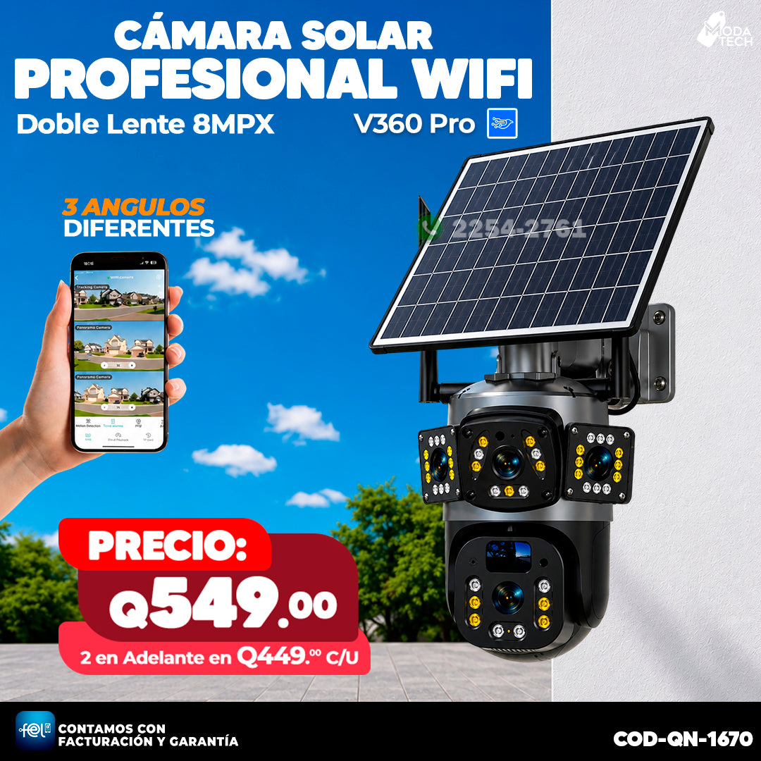 Cámara Solar Profesional Doble Lente Wifi de 8 MPX 🔄💾