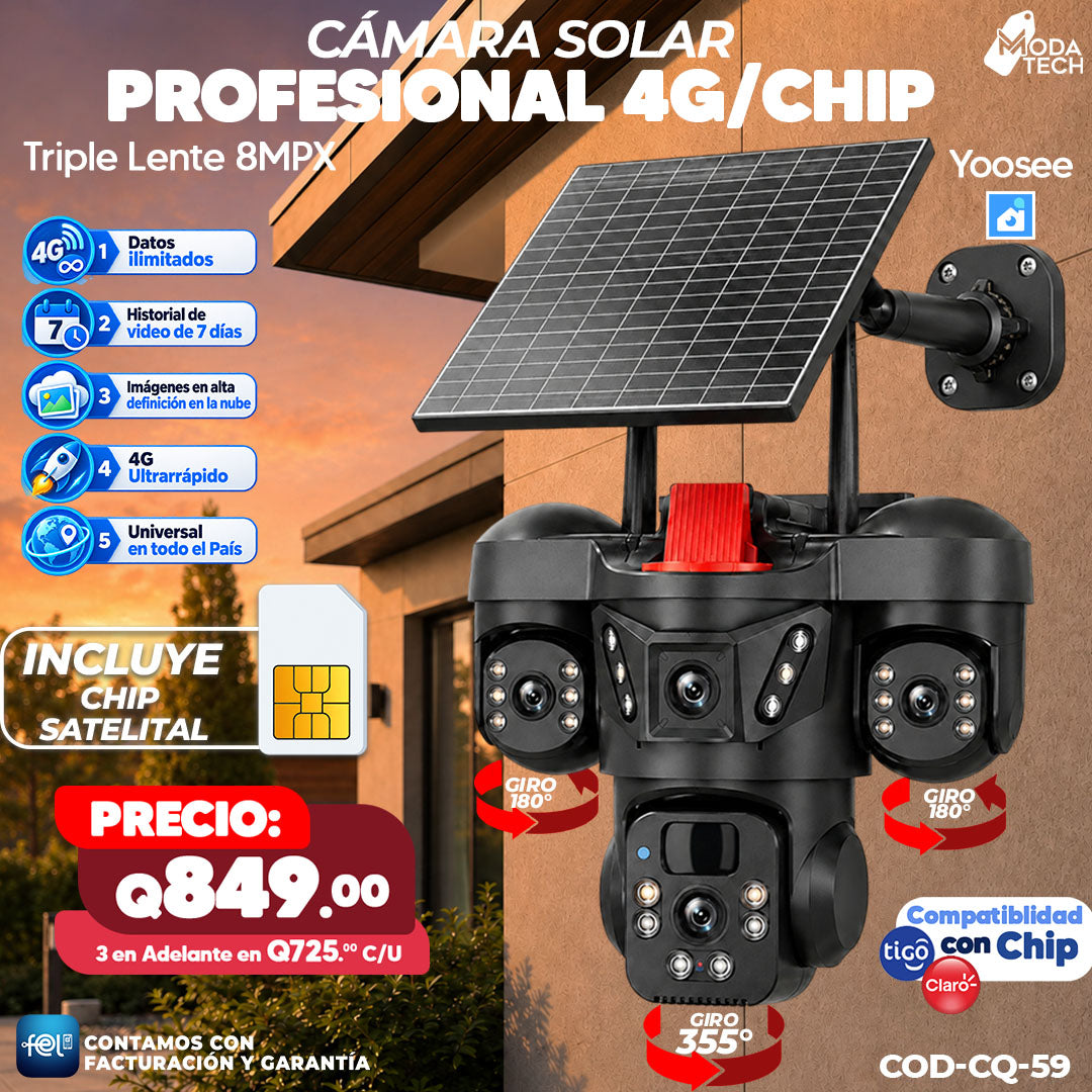 📹☀️ Cámara Solar Profesional 4G con Chip | Triple Lente 8MPX 🎥