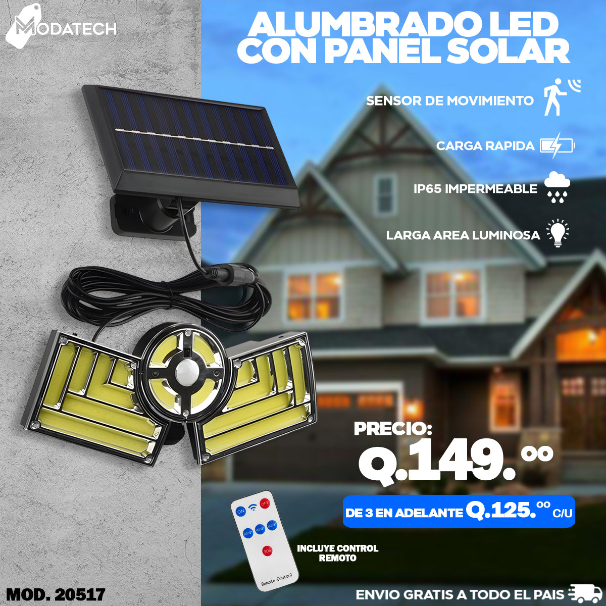 Alumbrado solar con panel solar con cable de 5 mt