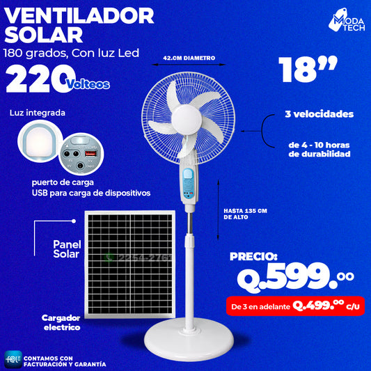Ventilador Solar 180 Grados, Con luz Led de 18´ 🌤️