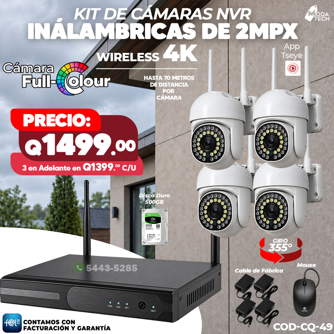 📹📡 Kit NVR Inalámbrico 4 Cámaras PTZ 2MPX | Wireless 4K 📺 | Giro 355° 🔄