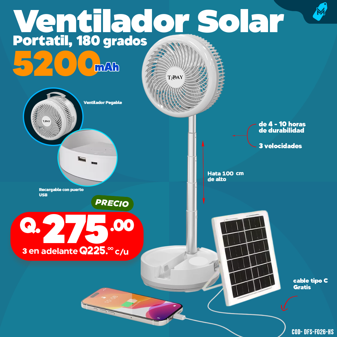 Ventilador Solar Portatil de 5200 mAh