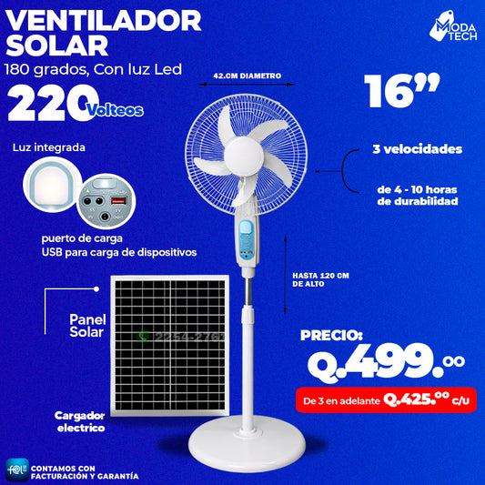 Ventilador Solar 180 Grados, Con luz Led de 16´ 🌤️
