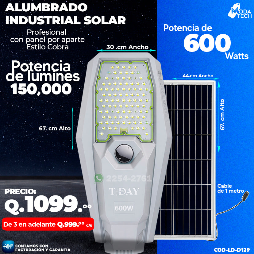 Alumbrado Solar Profesional Estilo Cobra T-Day de 600 Watts 💡