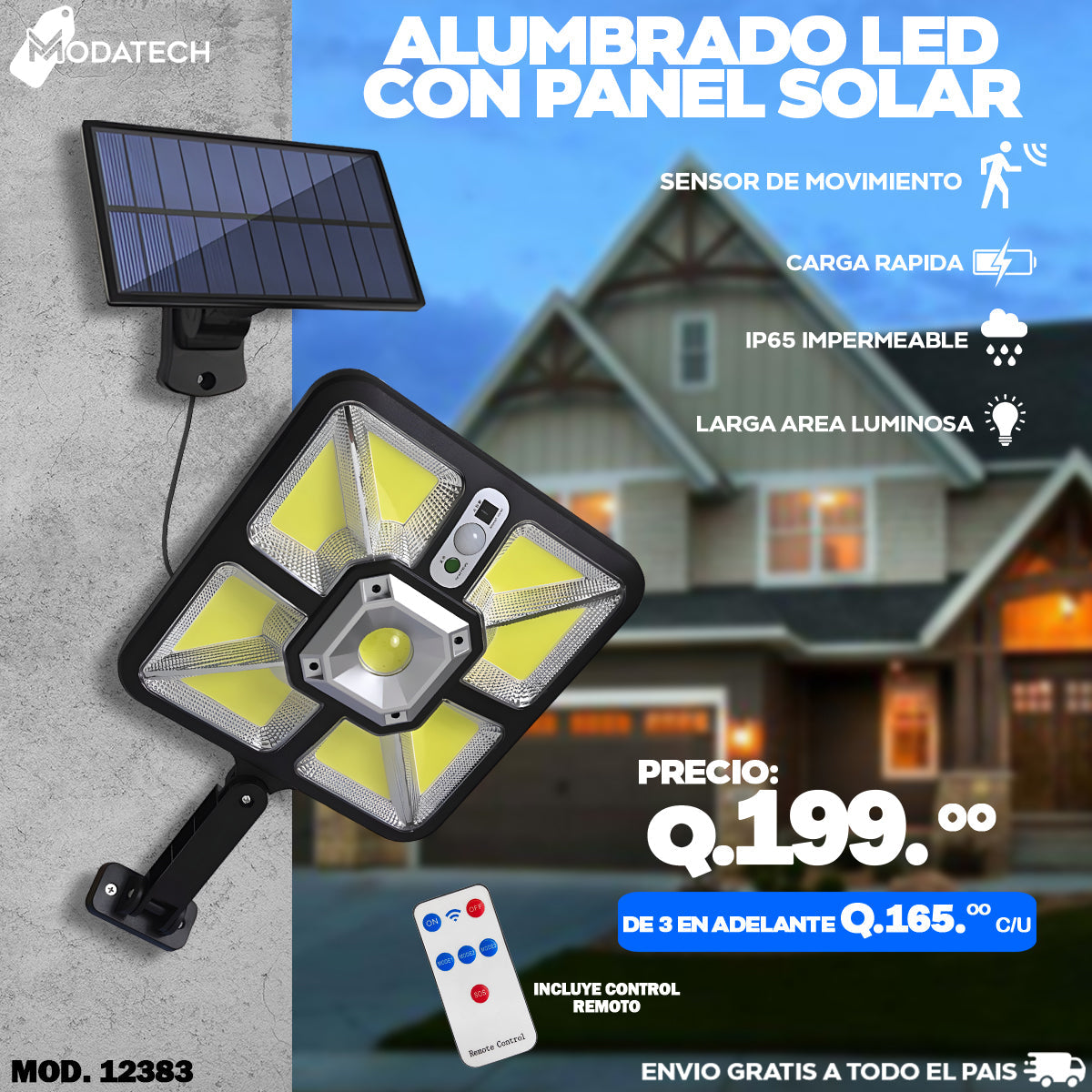 Alumbrado con led COB y panel solar con cable de 5 mt