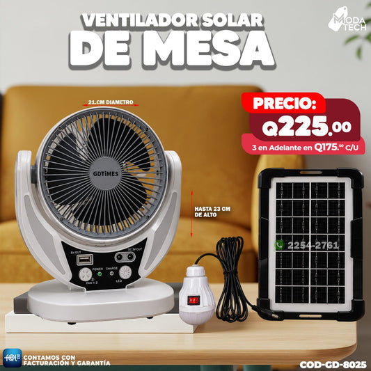 Ventilador Solar de Mesa GDTIMES con Panel Solar y Lámpara LED 🌞