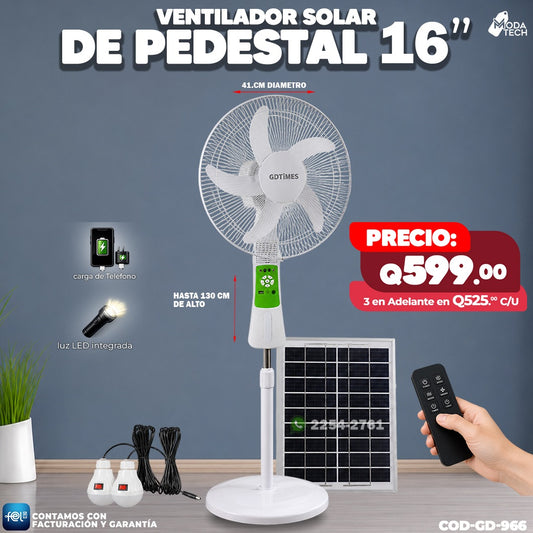 🌞 Ventilador Solar de Pedestal 16" GDTIMES con Panel Solar, Control Remoto, Luz LED y Carga USB