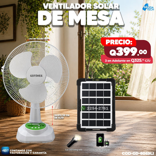 🌞 Ventilador Solar de Mesa GDTIMES con Panel Solar, Luz LED y Carga USB